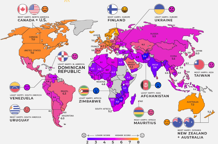 mapa mundo países mais e menos felizes no mundo